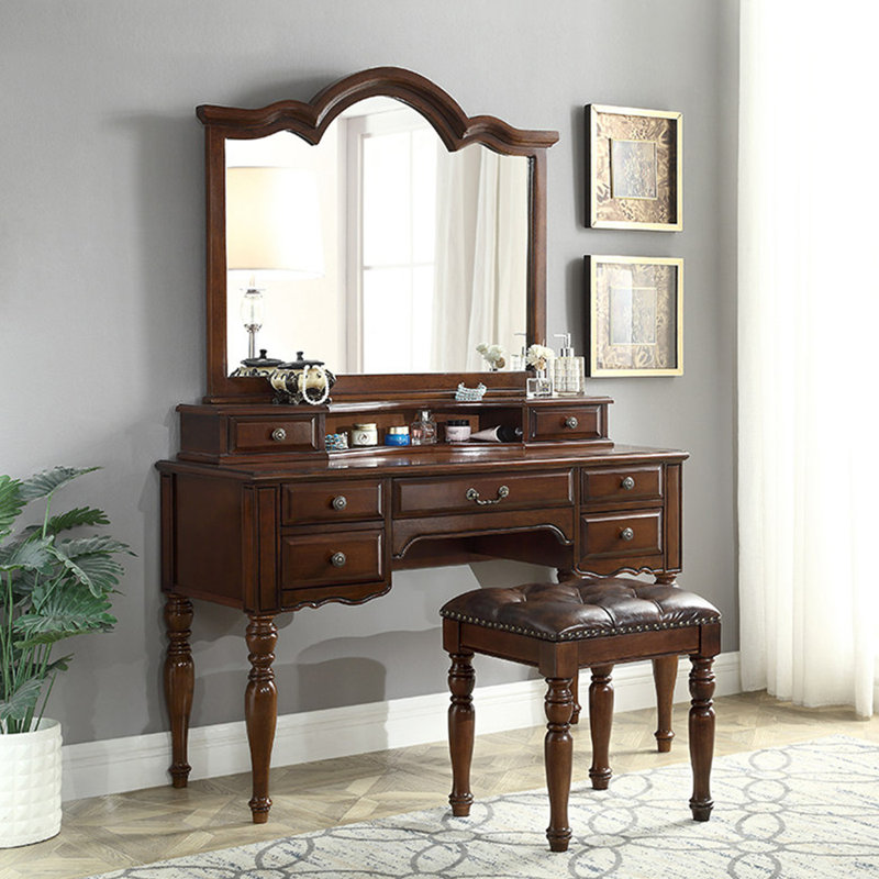 Coiffeuse avec rangement 43,31 po style américain en bois massif brun avec miroir