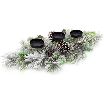 Décorations de centre de table de Noël, conçues avec des aiguilles de pin floquées, des pommes de pin givrées pour manteau de table de salle à manger