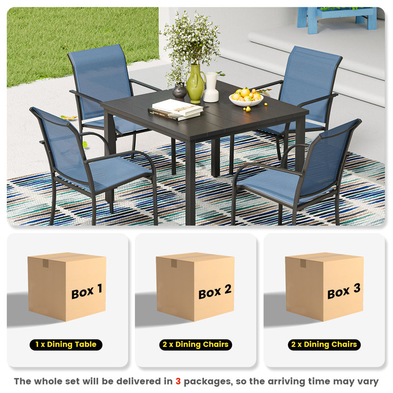 Ensemble de salle à manger d'extérieur carré pour 4 personnes 37,8 po L Wasil, Noir / Bleu