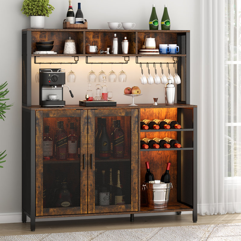 Rustic Brown Industrial Wine Bar Cabinet with LED Lights and Storage