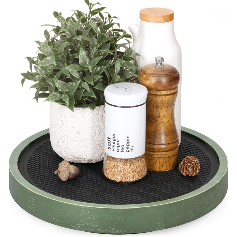 Pine Wood Non-Skid Lazy Susan for Table Top – 10.5" Lazy Susan Turntable for Cabinet, Kitchen Decor & Coffee Table - Ideal as a Spice Rack & Bathroom Tray with Rubber Mat (Green)