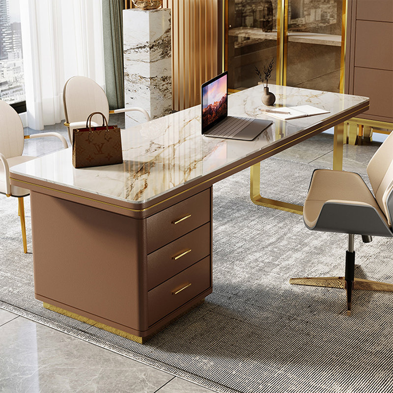 Bureau brun brun en bois manufacturé avec 3 tiroirs, 29,53 po H x 55,12 po L x 27,56 po P, Retour à gauche