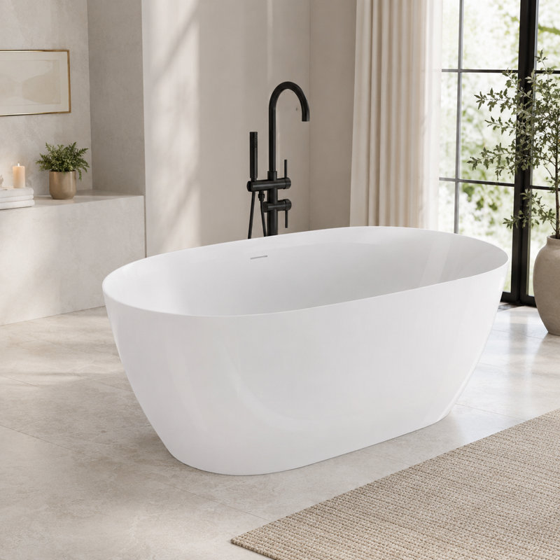 51" Acrylic Modern Freestanding Bathtub, Compact Square-Oval Deep Soaking Tub with Slotted Overflow and Center Drain, Multiple Colors Available
