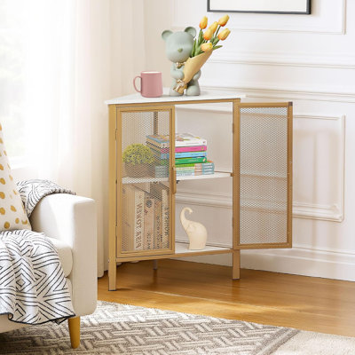 Leilla White Gold 2 Doors Corner Accent Cabinet Triangular 3-tier Storage Cabinet