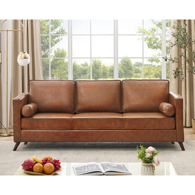 Canapé trois places en cuir – Canapé profond de style moderne du milieu du siècle (218 cm) avec dossier confortable, en cuir brun, imperméable et surdimensionné, idéal pour le salon ou le bureau.