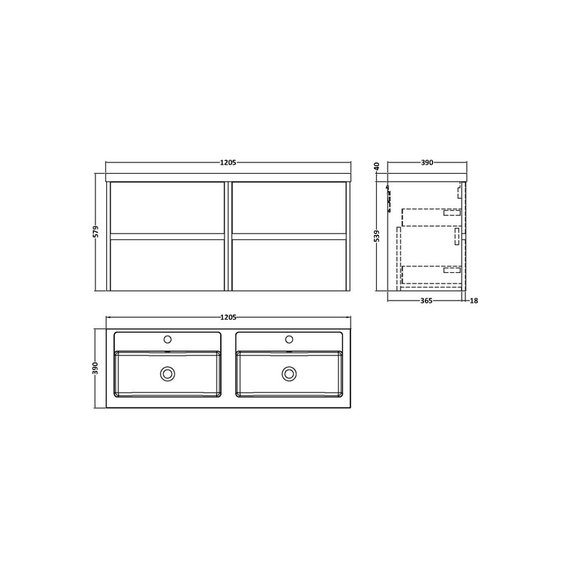 Havana 1205mm Double Bathroom Vanity with Drop In Poly Marble Basin