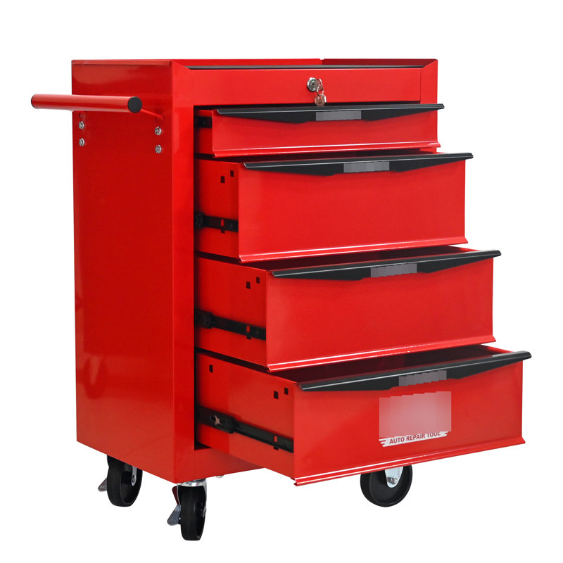 4 - Drawer Tool Chest Organizer, Rolling Trolley With Bearing Slides, Red & Black, Additional Storage For Frequent Tools Steel Chest, Cabinet Universal Wheels Locking Mechanisms