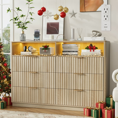 Fluted Dresser For Bedroom With 6 Drawers And Outlet, Wooden Double Dresser Chest Of Drawers With Rgb Light For Bedroom, Living Room, Entryway, Hallwa by Ebern Designs