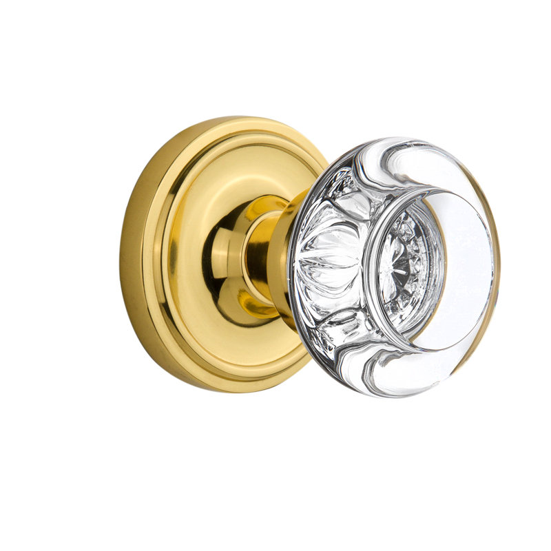 Crystal Round Interior Mortise Door Knob with Classic Rosette, Unlacquered Brass