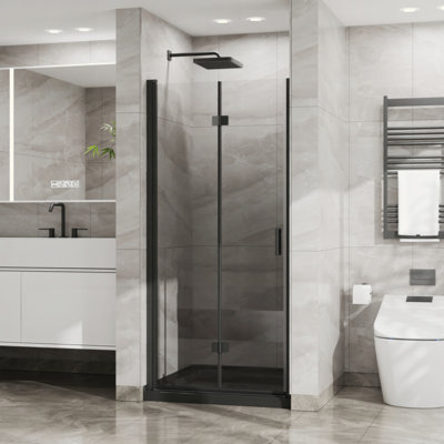 Bifold Frameless Glass Shower Door 1/4 Inch Tempered Clear Glass Pivot Swing Shower Panel, Foldable