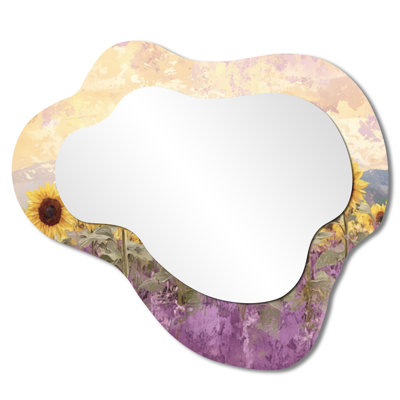 Lavender Sunflower Field I - Sunflowers Irregular Asymmetrical Mirror, Traditional Wall Mirror, Printed on Metal