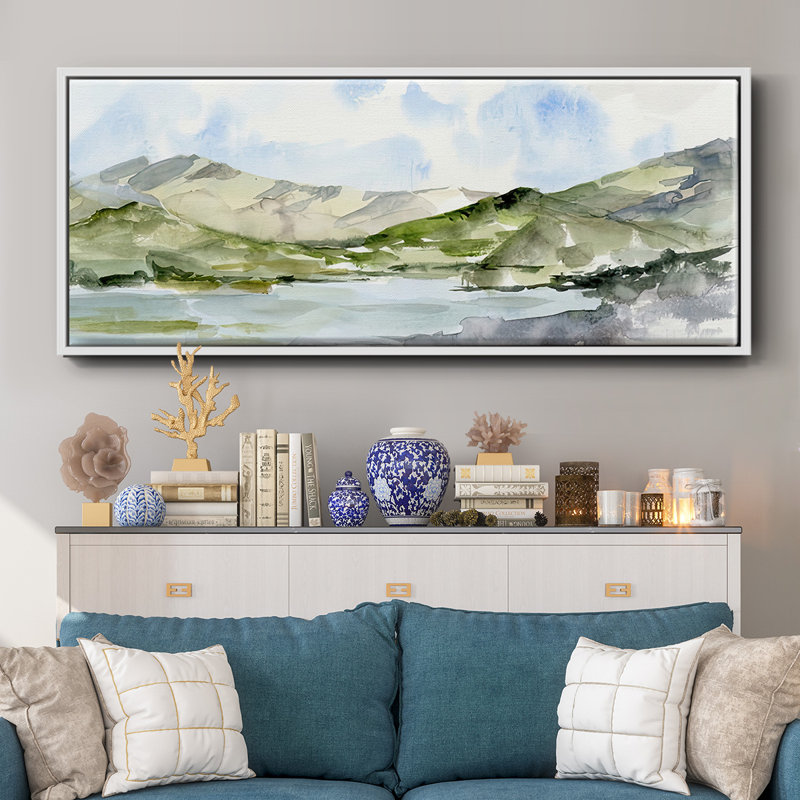 Serene Mountains I- Framed Canvas, 12" H x 30" W