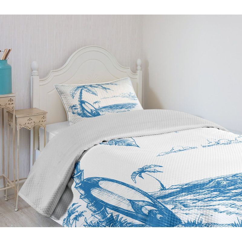Twin White and Blue Quilted Bedspread Set