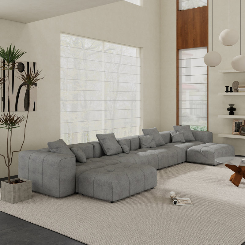 Kay Boneless Upholstered Modern Linen Fabric Sectional Sofa With Ottoman, 24.8" H x 183.54" W x 68.05" D, Gray
