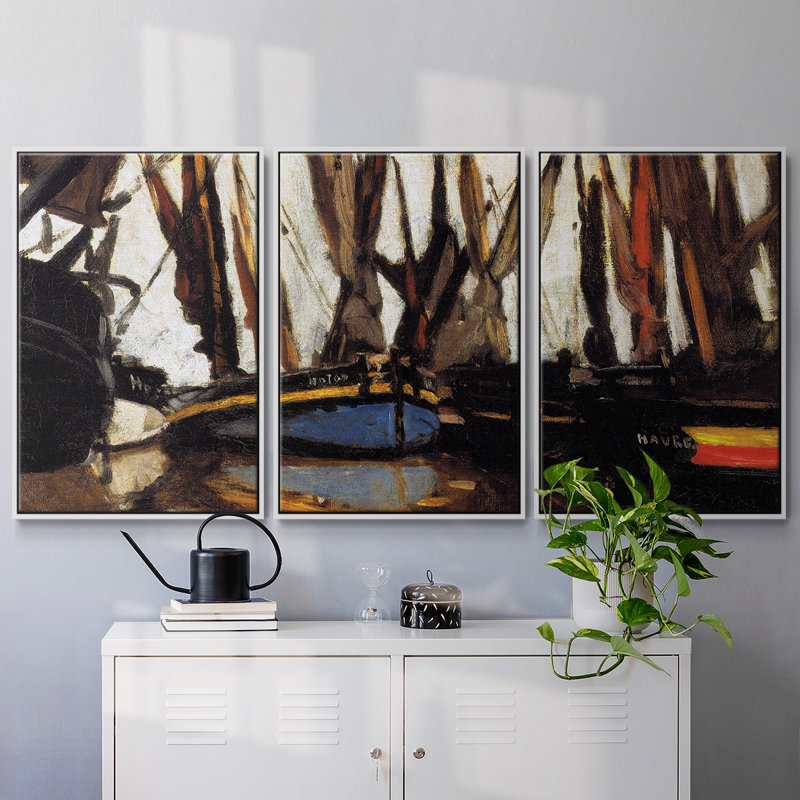 Ensemble de 3 bateaux de pêche (étude), 1866, encadré sur toile, Cadre blanc, H 36 po x l 75 po x P 2 po