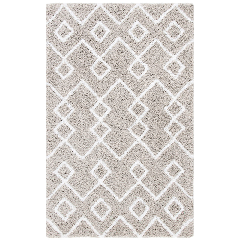Tapis beige / blanc à motif géométrique touffeté à la main Aderita, Rectangle 8 pi x 10 pi