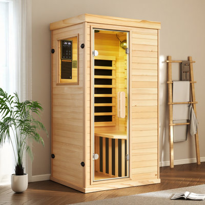Votre espace bien-être personnel avec saunas infrarouges, saunas infrarouges canadiens en bois de pruche 930W / 120V pour 1 maison avec lampe de thérapie à 7 couleurs, radiateur inférieur en pierre de tourmaline, double haut-parleur Bluetooth, panneau