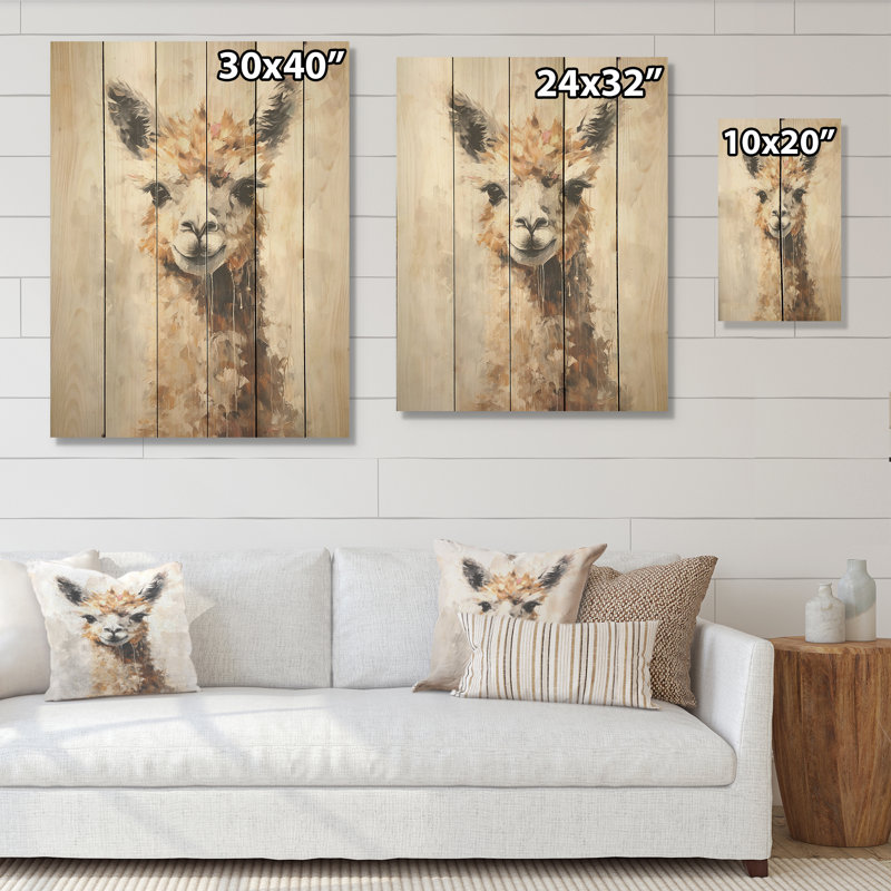 Minimalisme Alpaca grunge - Alpacas, art mural sur bois de pin naturel, H 20 po x l 10 po