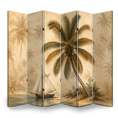 6 panneaux paravent pliant paravent Royal Vintage Tropical Scène de plage Palmiers Voilier Toile Écran Séparateur de pièce Autoportant Cloison de protection Cloison d'intimité pour salle de bain