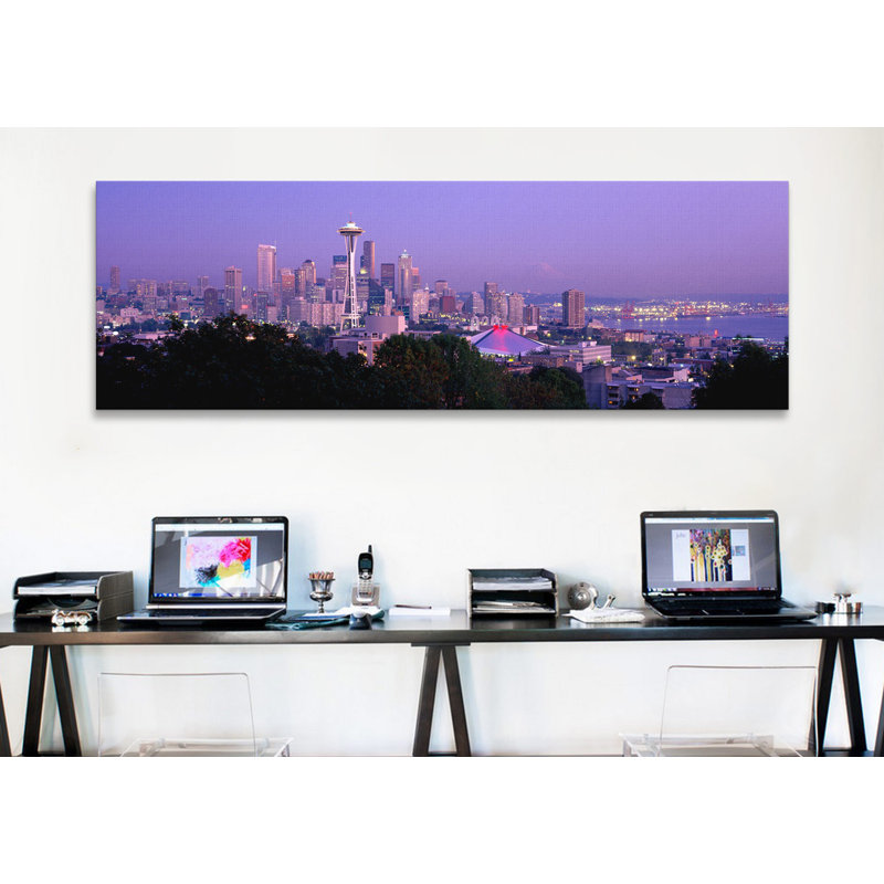 Ponoramique de Seattle, reproduction de photo sur toile, H 12 po x l 36 po x P 1,5 po, Toile avec cadre noir