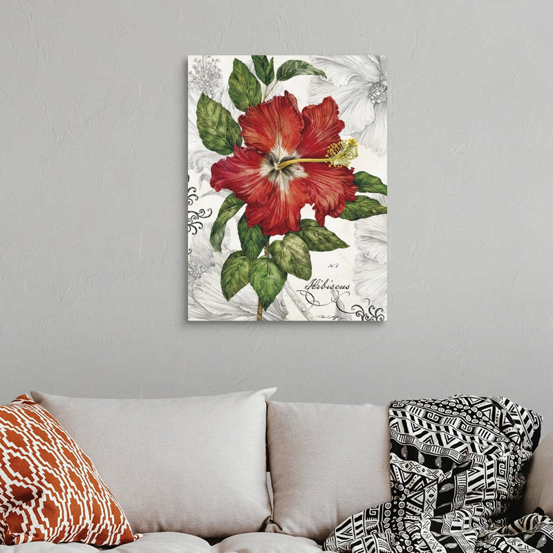 Hibiscus rouge sur toile blanche, H 32 po x l 24 po x P 1,25 po, Toile tendue