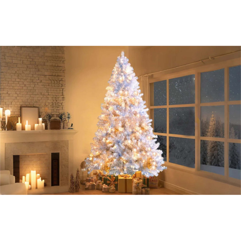 Arbre de Noël argenté 7,4 pi avec 1200 pointes, 400 lumières DEL, 11 modes et un support en métal pour l'intérieur et l'extérieur