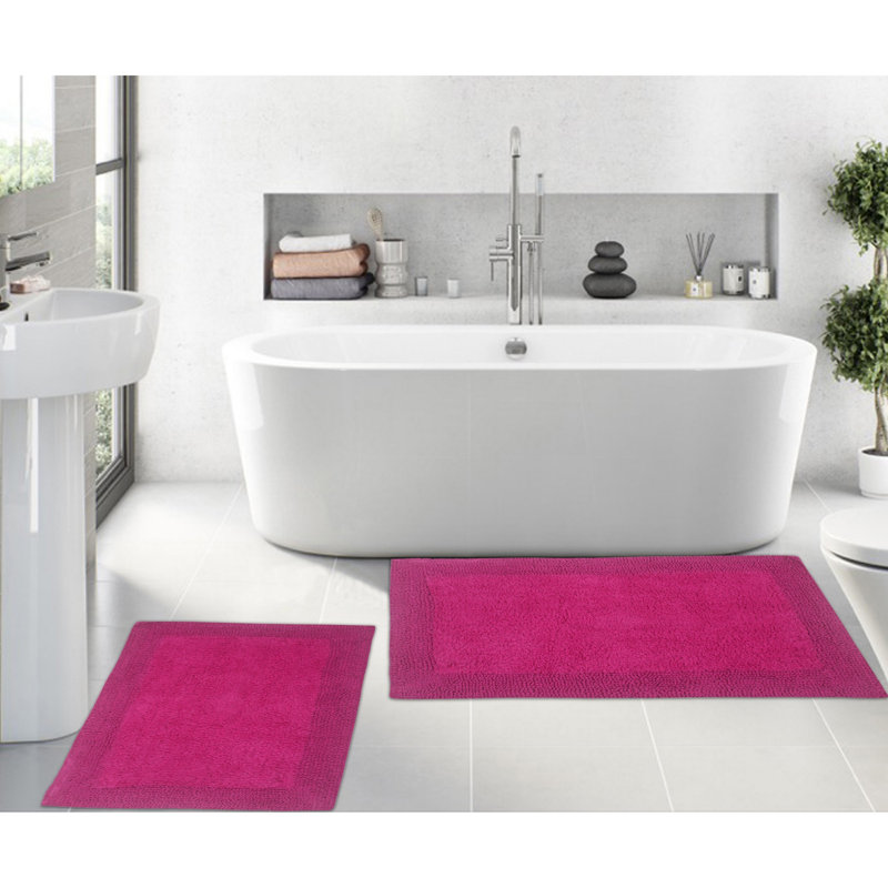 Luxury 100% Cotton Bath Rug (Set of 2) Reversible, Hot Pink, 2PC Set (24"x40", 17"x24")
