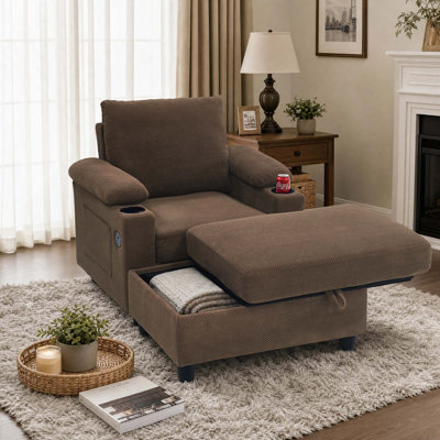 Ensemble de fauteuil d'appoint polyvalent et repose-pieds avec rangement, canapé-lit convertible avec dossier inclinable, porte-gobelets et ports USB-C
