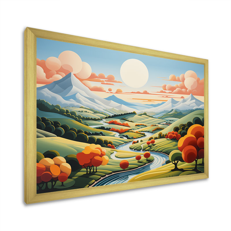«Minimalist Colorful Mountain Valley I - Meadow», art mural, Cadre flottant blanc, H 24 po x l 32 po x P 1 po