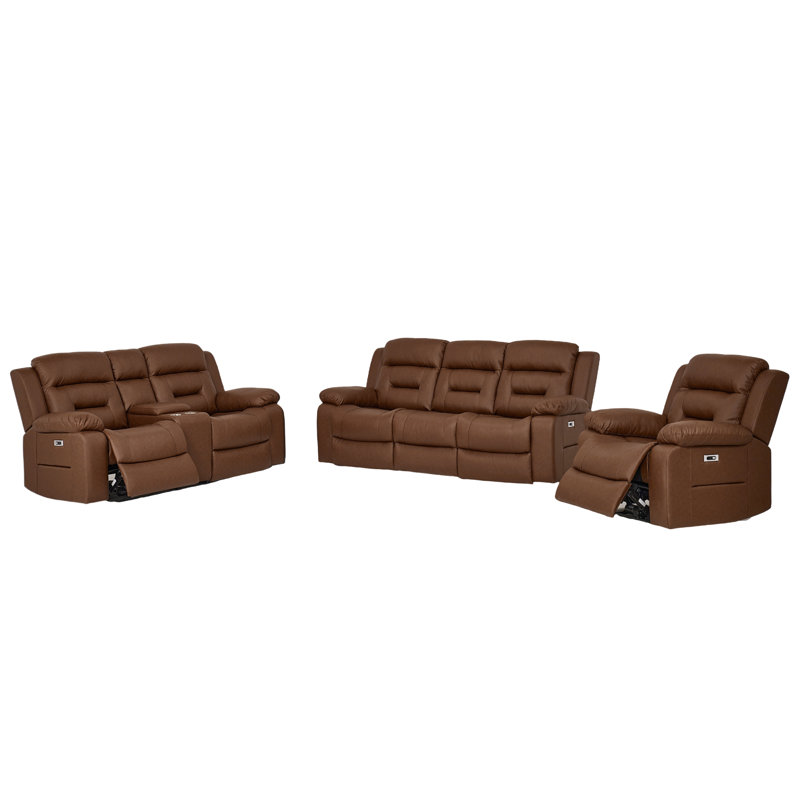 Ensemble de salon inclinable électrique en similicuir 3 pièces avec ports de chargement USB et USB-C et console de rangement