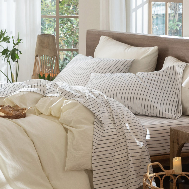 Ensemble de draps 100% coton lavé MooMee, Rayures larges : Blanches et gris foncé