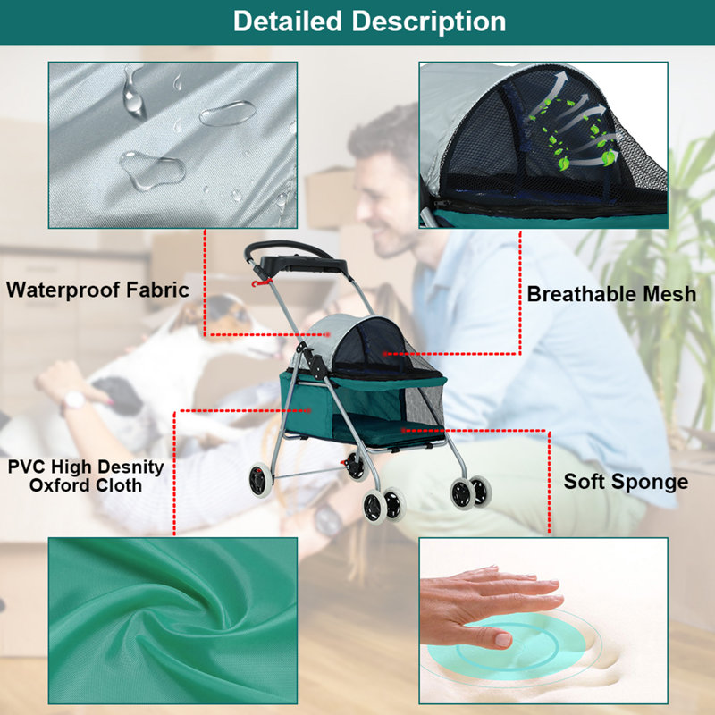 Teal Foldable Pet Stroller with Mesh Windows and Cup Holder