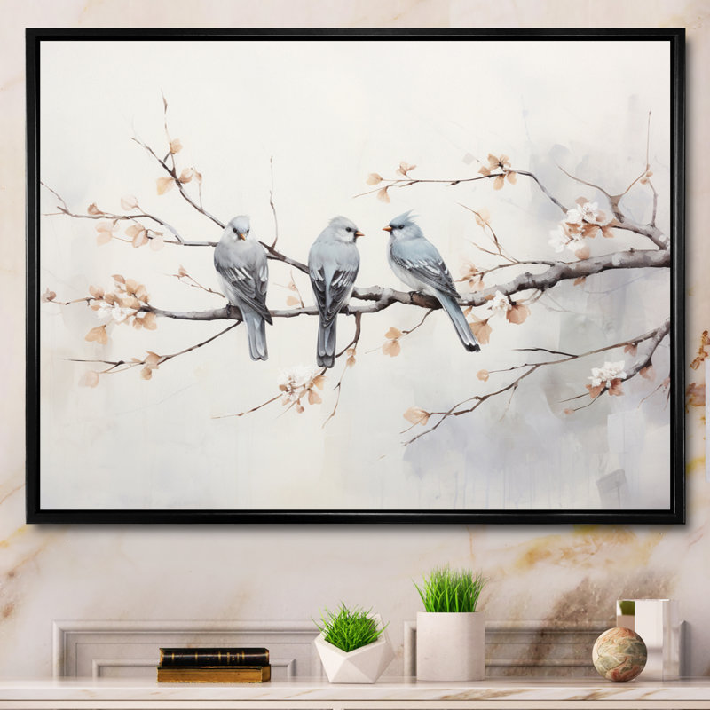 Oiseau sur toile, reproduction de nature sauvage - Oiseaux sur le bord III, H 30 po x l 40 po x P 1,5 po, Cadre flottant noir