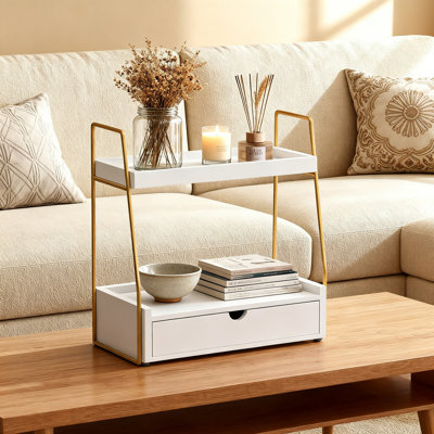 Bathroom Organizer Countertop 2-Tier with Drawer, Wood Vanity Sink Shelf (White)