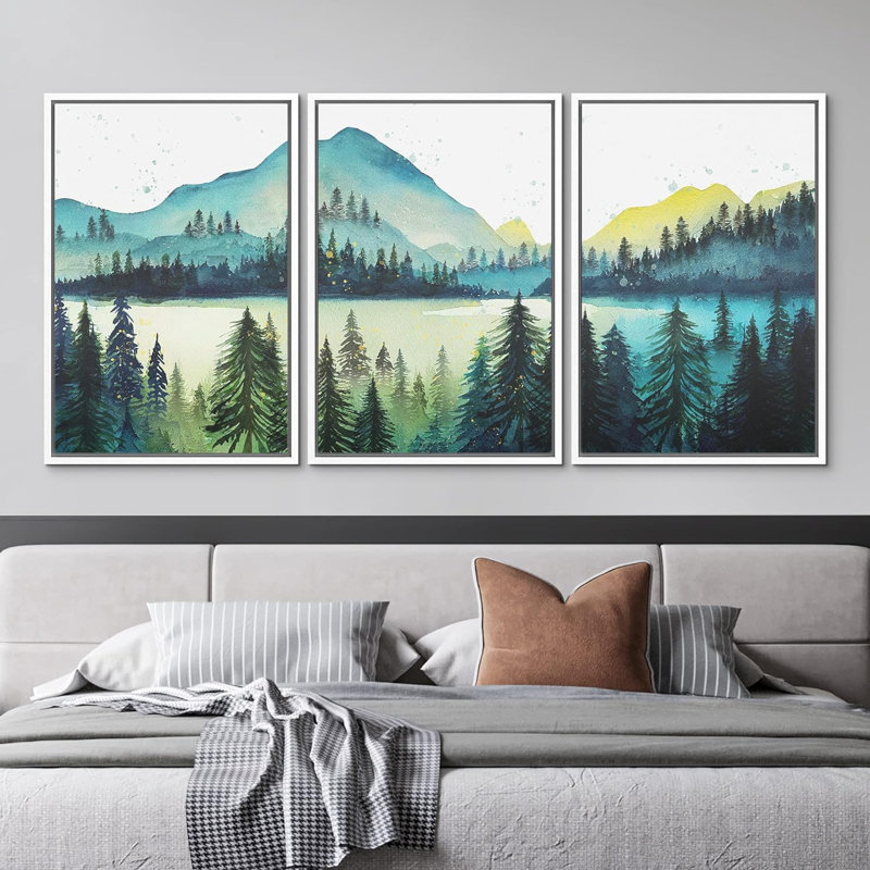 Forêt boisée, paysage, aquarelle, bleu pastel, vert, pin, montagne, 3 pièces, H 24 po x l 16 po x P 1,5 po, Blanc