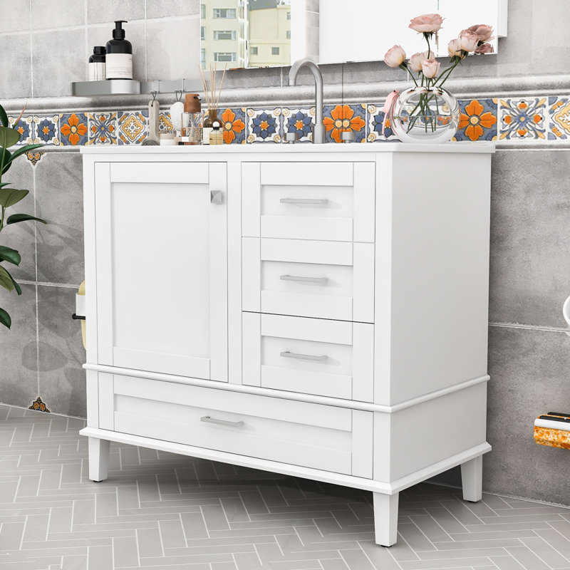 Meuble-lavabo simple contemporain en bois avec porte à fermeture en douceur, lavabo en céramique et tiroirs de rangement