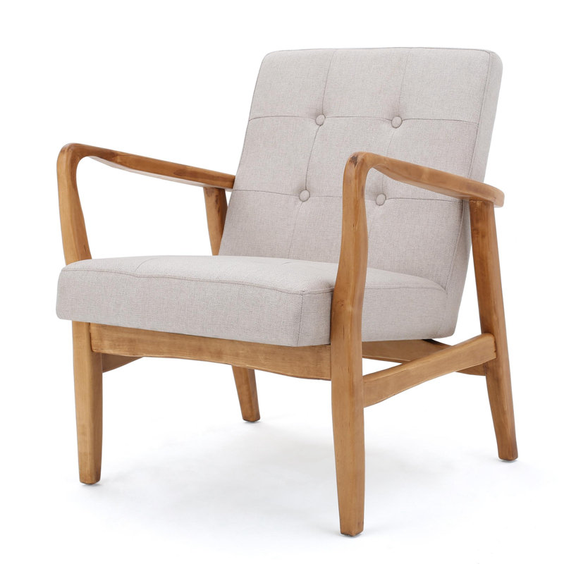 Babic Tufted Armchair, Brown Wood, Medium Beige Fabric