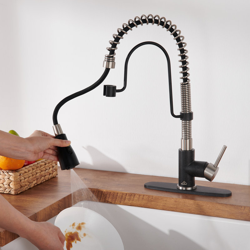 Robinet de cuisine à bec rétractable à ressort 1,8 GPM avec plaque de pont Bolden, Noir mat / nickel brossé