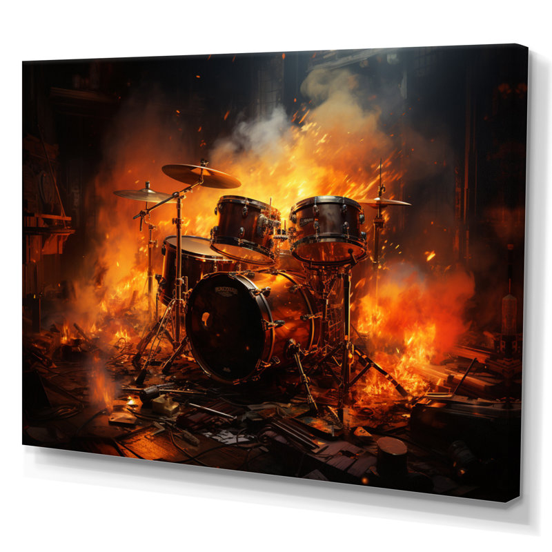 " Orange Black Fire Drums Tools Music I " Mixed Media Print, H 16 po x l 32 po x P 1 po, Toile tendue