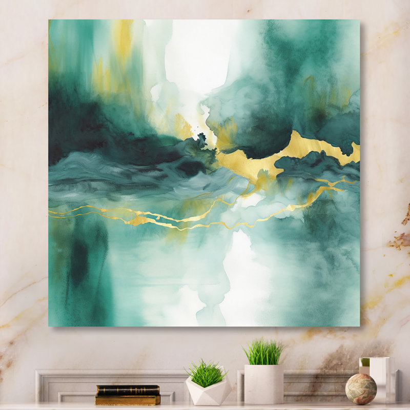 Impression d'aquarelle bleue avec or VI - impression, Toile tendue, H 32 po x l 16 po x P 1 po