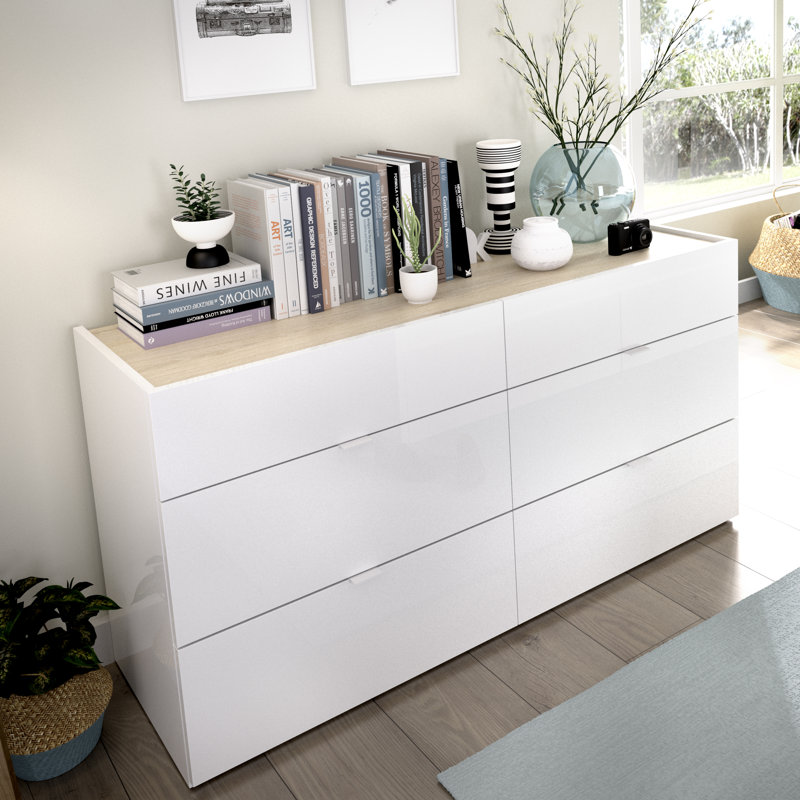 Ranbir 120cm W 6 - Drawer Chest of Drawers, White and Natural Oak