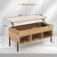 Table basse relevable à pieds relevables avec pieds en métal et compartiment caché et 3 casiers ouverts