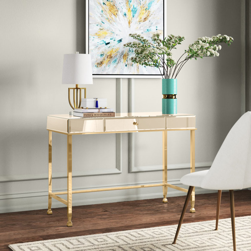 Ruffy Rectangular Writing Desk in Mirrored, Smoky Mirrored/Champagne