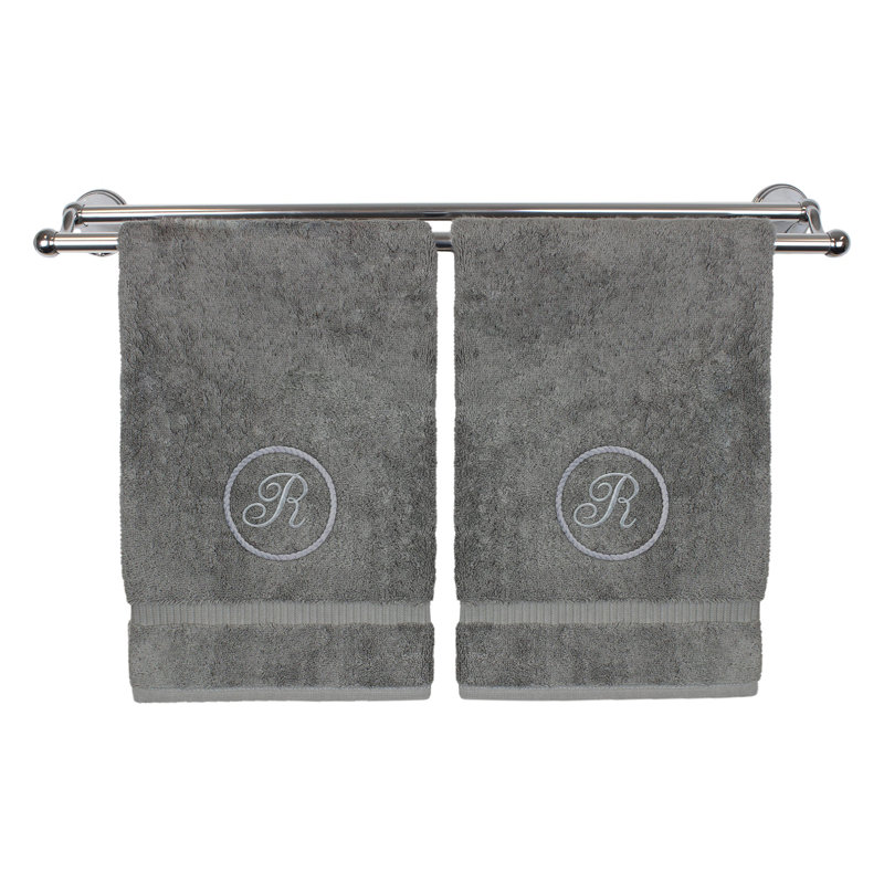 Essuie-mains monogramme - ensemble de 2 - lettre à motif circulaire, Gris / Argent, R