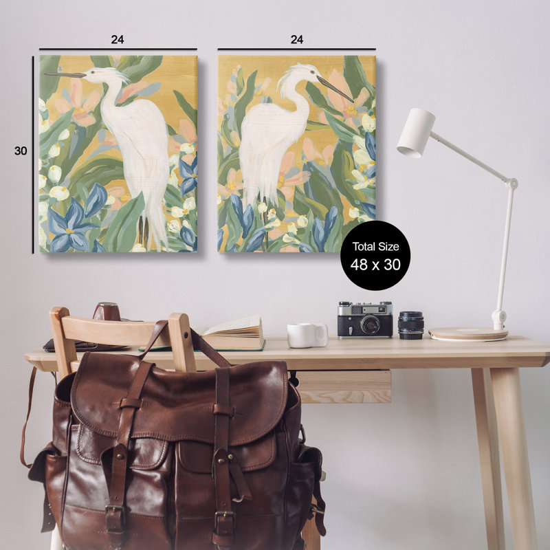 «Great Egret in Blooming Bushes», ensemble de 2 toiles murales par June Erica Vess, H 30 po x l 24 po