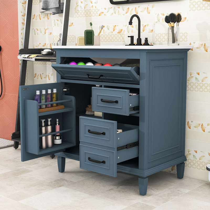 Meuble-lavabo de salle de bain avec comptoir en céramique, tiroirs, tablette réglable et porte à fermeture en douceur