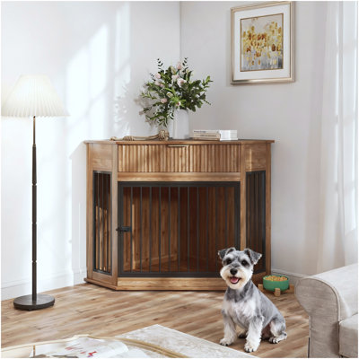 Meuble de rangement en coin pour chien de 44,6 po en MDF pour petits / moyens chiens, table de bout décorative pour chenil avec rangement cannelé et tiroir pour chien, peu encombrant et moderne (blanc)