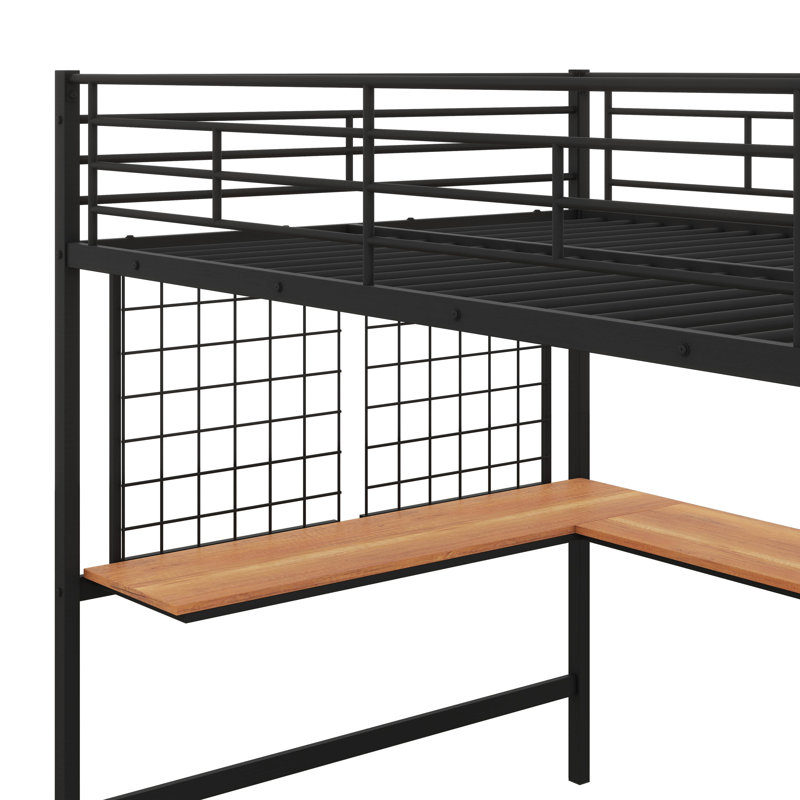 Battista Metal Loft Bed with Desk and Metal Grid, Full, Black