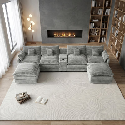 145" U Shaped Cloud Couch Sectional, Oversized Light Grey Corduroy Cloud Couch, Large Comfy Fluffy Modular Sectional Sofa, 6 Seat Sectionals Sofa Set