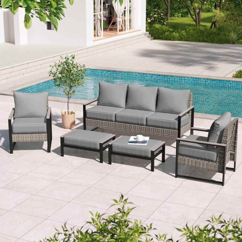 5-Piece Patio Rattan Furniture Set, All Weather Wicker w/Removable Cushion, Gray